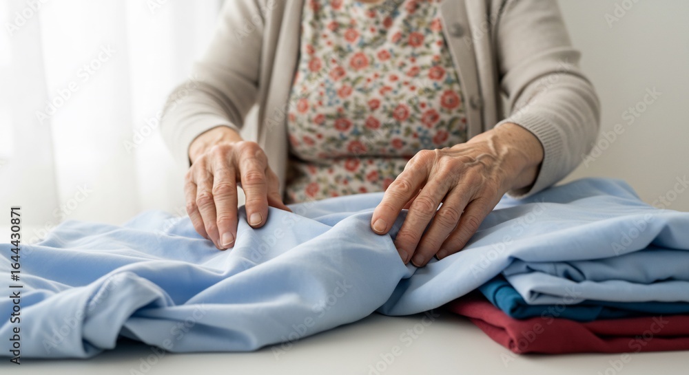 Obraz premium 穏やかな光差し込む部屋で丁寧に衣類を畳む高齢女性の手. AI Generated