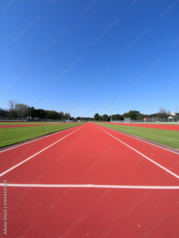 Fototapeta premium Empty running track stretches ahead, sunny skies, promoting athletic pursuits