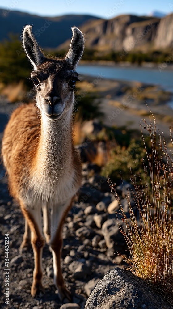 Obraz premium Guanaco Portrait in Patagonia Chile Facing Camera Landscape.
