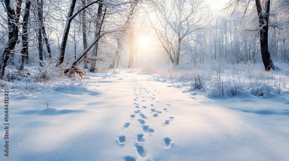 Obraz premium Footprints on a snowy path through a winter forest.