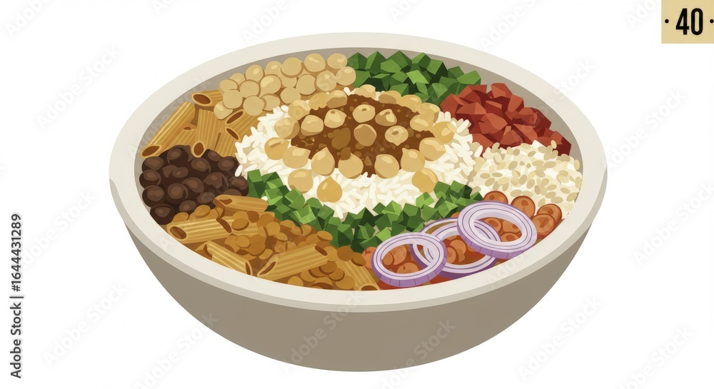 Colorful Vegan Bowl with Chickpeas Pasta Rice and Red Onion Rings Colorful Vegan Bowl with Chickpeas Pasta Rice and Red Onion Rings