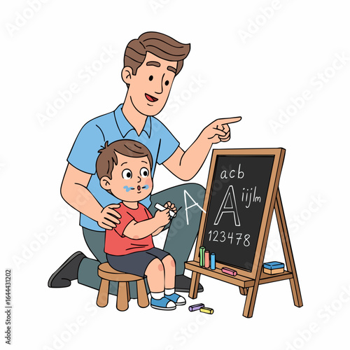 Cartoon Style Cheerful Father Teaches His Son with Chalkboard Illustration