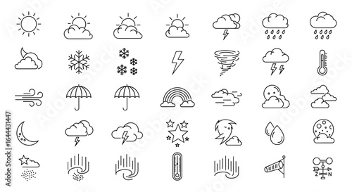 Collection of weather icons including sun, clouds, rain, snow, wind, and temperature illustrations