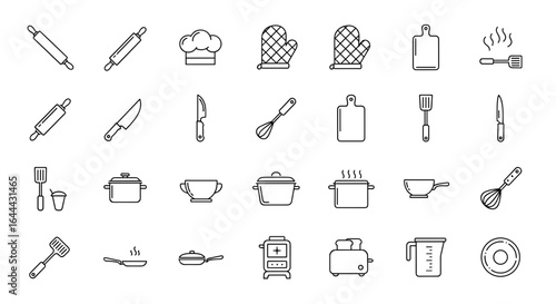 Illustration depicting various kitchen utensils and cooking equipment in a minimalist line art style