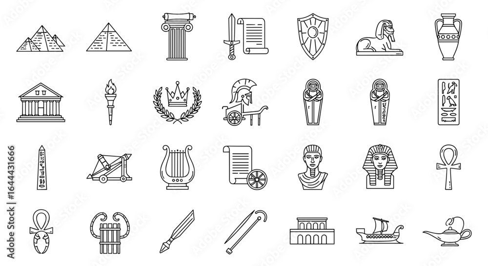 Fototapeta premium Illustration showing ancient artifacts including pyramids, sphinx, chariot, and various other relics