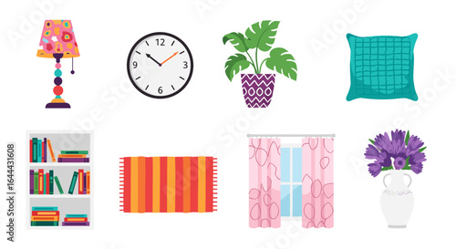 Illustration of a floor lamp, clock, potted plant, pillow, bookshelf, rug, curtains and flowers