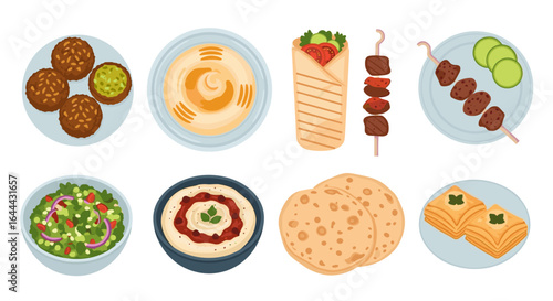 Illustration of middle eastern cuisine featuring falafel, hummus, shawarma, kebab, salad, and baklava