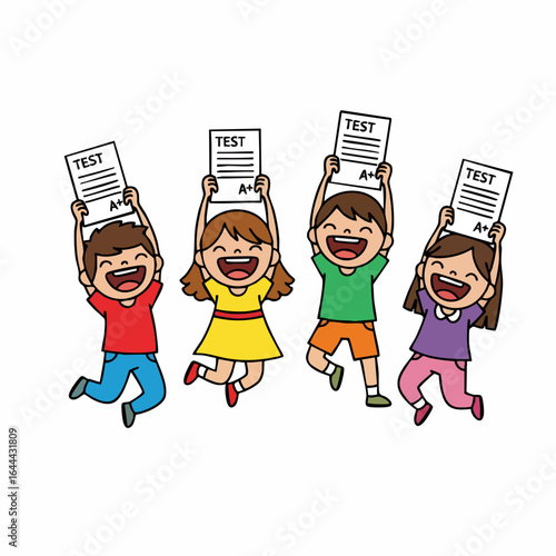 Cheerful Cartoon Children Holding Up Test With A Plus Grade Illustration