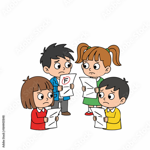Cartoon Style Students with Failing Grades Showing Sad Expression Illustration