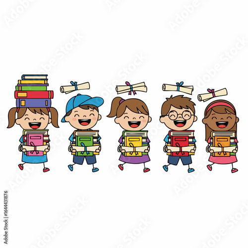 Cute Cartoon Style Students Holding Books and Diploma Scrolls Illustration