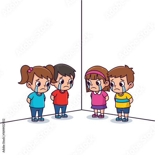 Cartoon Depressed Children Standing Corner Crying Feeling Sad Illustration