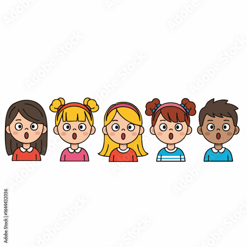 Cute Cartoon Line Drawing of Surprised Diverse Children Character Illustration
