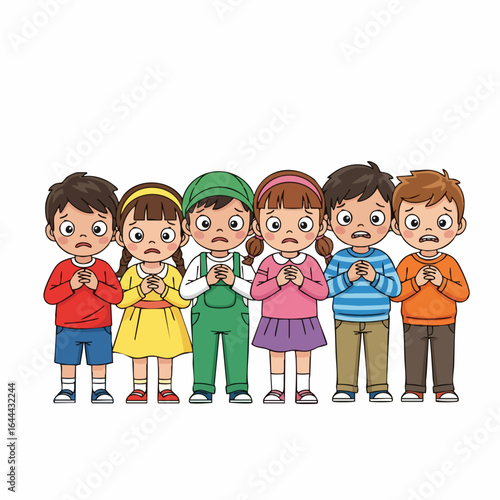 Cartoon Style Worried Children Characters Standing in a Row Illustration