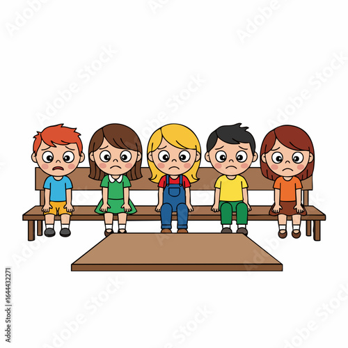 Cartoon Style Diverse Unhappy Children Sitting on Bench Waiting Illustration
