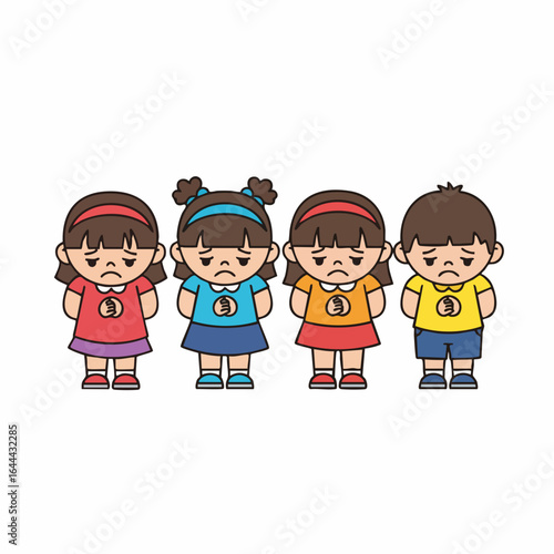 Cartoon Flat Group of Sad Children with Different Clothes Illustration
