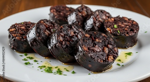 Delicious and appetizing black pudding on a white plate, beautifully presented with oil drizzle. The image showcases the texture of the dark, savory food, ready to be enjoyed.