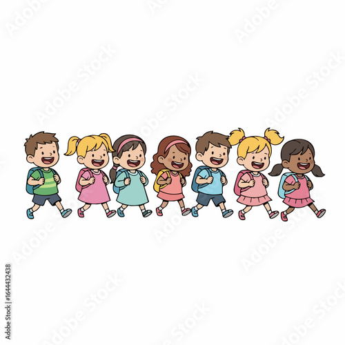 Cute Cartoon Style Diverse Group of Kids Walking to School Illustration