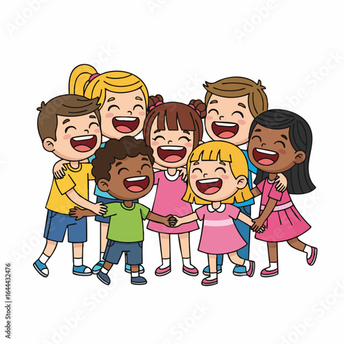Cartoon Style Group Diverse Smiling Children Standing Together Illustration