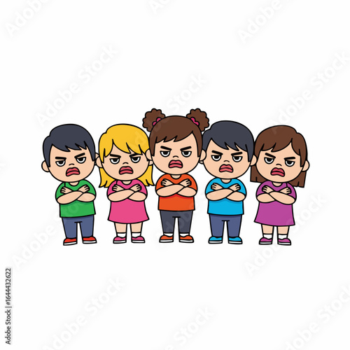 Cartoon Style Group of Angry Children Characters Standing Together Illustration