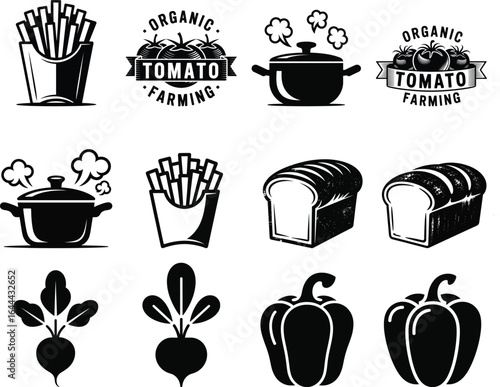 Food and cooking icon set: french fries, organic tomato farming label, steaming pot, bread loaf, radish, bell pepper - black silhouette vector collection for kitchen, farming, grocery, and recipes.
