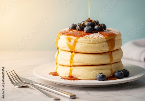 Thick stack of fluffy Japanese soufflé pancakes with maple syrup and blueberries, marble countertop with fork and knife, dreamy pastel morning breakfast photography