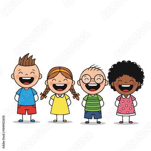Colorful Cartoon Style Diverse Group of Happy Smiling Children Illustration