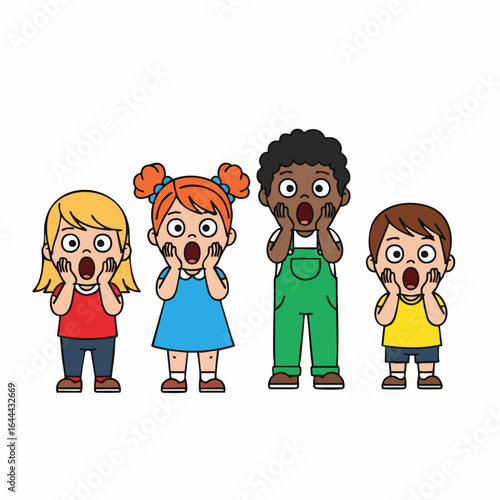 Flat Cartoon Style Surprised Multiracial Children Characters Illustration Design Asset