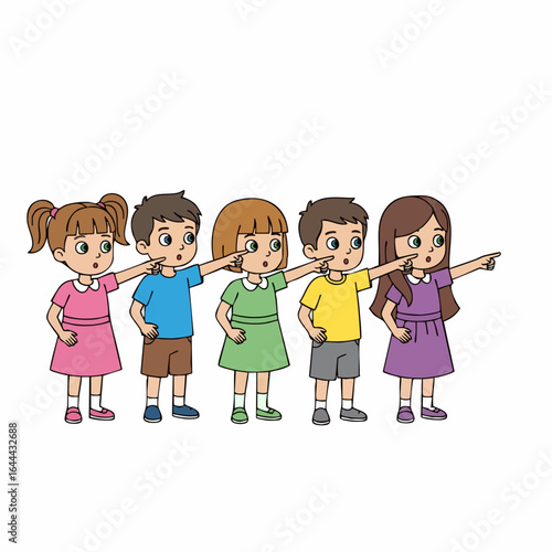 Cartoon Style Group of Children Pointing Forward Together Illustration