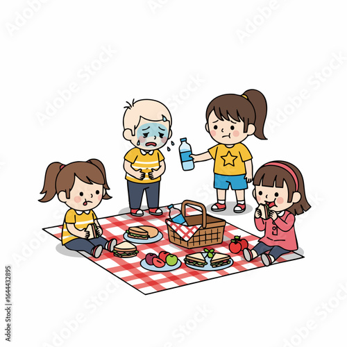 Cartoon Character Illustration of Picnic with Upset Stomach and Water Bottle