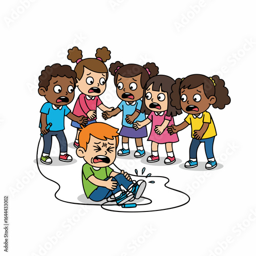 Cartoon Style Upset Injured Child with Concerned Friends Illustration