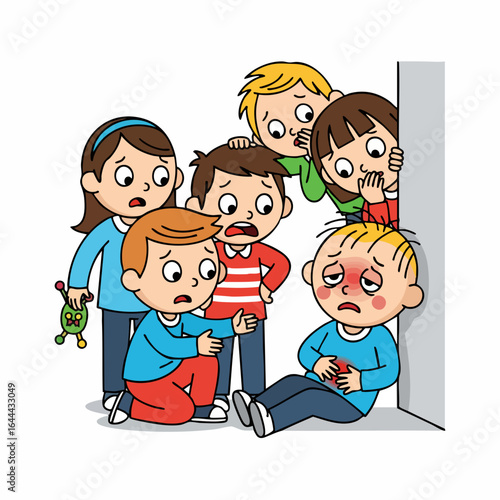 Cartoon Style Sad Sick Boy Bullied by Classmates Illustration