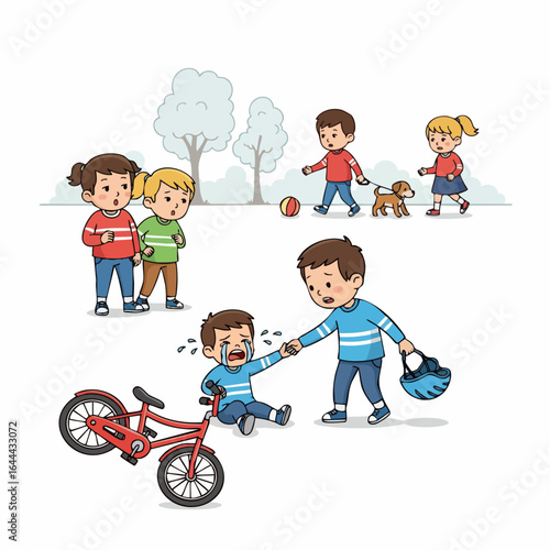 Handdrawn Cartoon Style Scene with Crying Boy and Friends Illustration