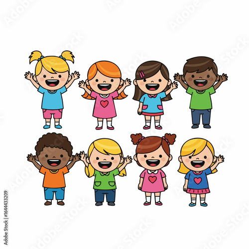 Cartoon Style Diverse Group of Smiling Cheerful Children Character Illustration