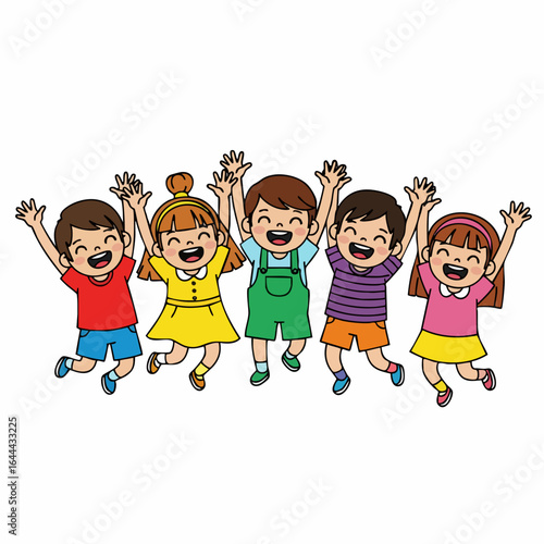 Cheerful Handdrawn Happy Jumping Kids Group Together Illustration Graphic