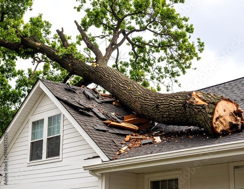 Fallen tree on damaged roof