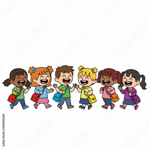 Happy Cartoon School Children Walking Together with Backpacks Characters Illustration