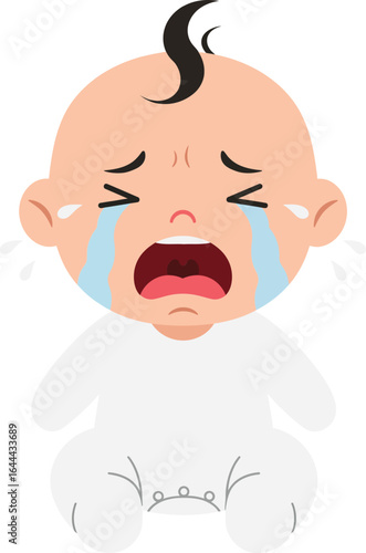 Crying baby with tears and sad expression in white onesie vector illustration for emotional design and infant concepts