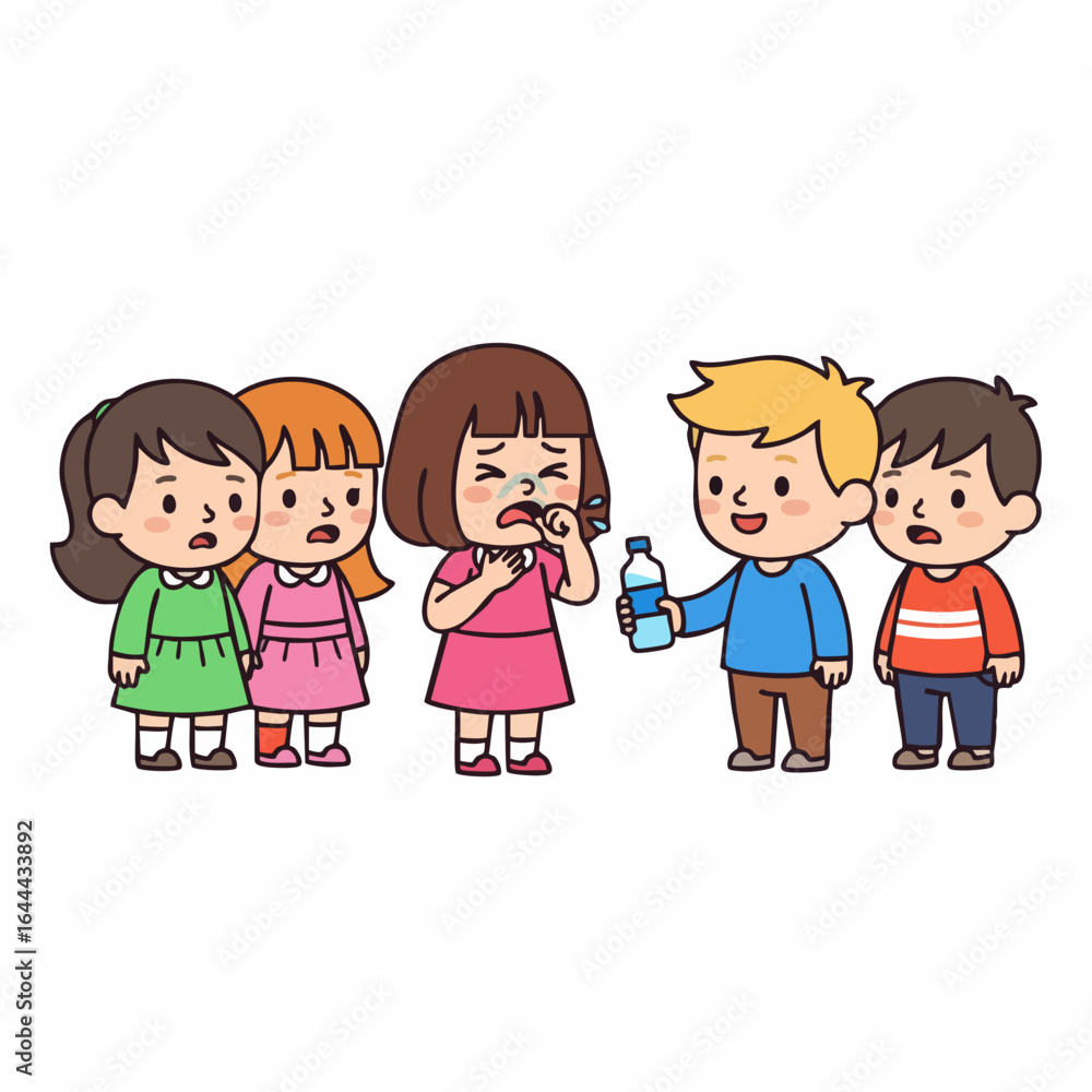 Simple Cartoon Kids Reject Water Bottle From Friend Illustration Design Simple Cartoon Kids Reject Water Bottle From Friend Illustration Design