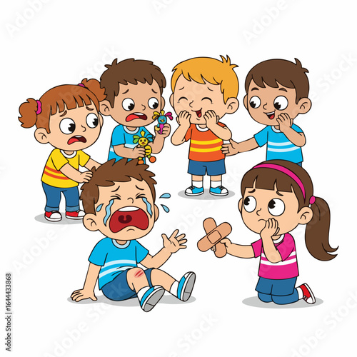 Cartoon Style Illustration of Children Helping a Crying Friend After Injury