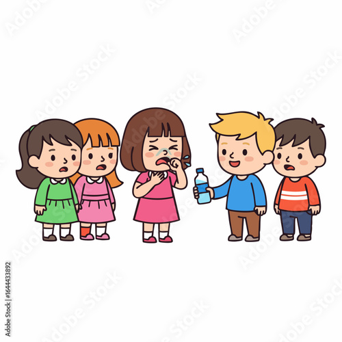 Simple Cartoon Kids Reject Water Bottle From Friend Illustration Design