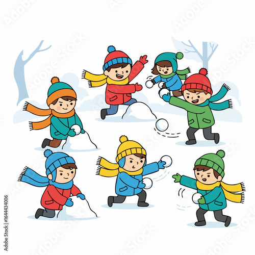 Colorful Handdrawn Group of Children Playing Throwing Snowball in Winter Season Illustration