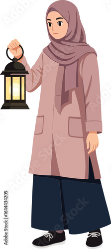 Muslim woman wearing hijab holding lantern in modest clothing standing vector illustration