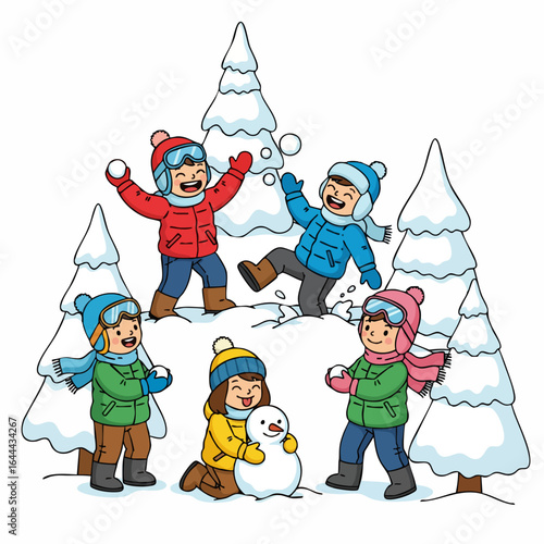 Playful Cartoon Children Making Snowman and Playing Snowball Fight Illustration