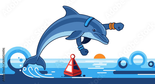 Playful cartoon dolphin leaping from the ocean against a sunrise backdrop with buoy