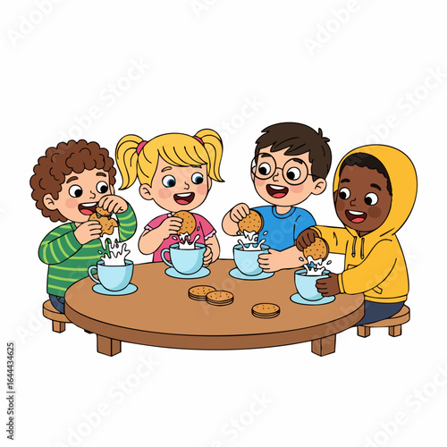 Cheerful Cartoon Style Kids Enjoying Cookies with Milk Around Table Illustration