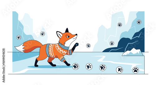 Playful fox illustration venturing across icy landscape with visible paw prints and mountain backdrop