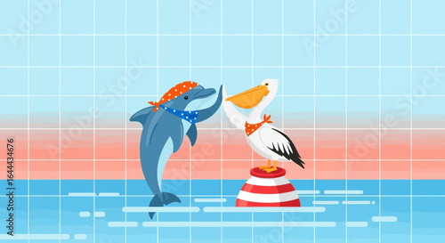 Playful Marine Friendship: Dolphin and Pelican Giving a High Five Cartoon Illustration