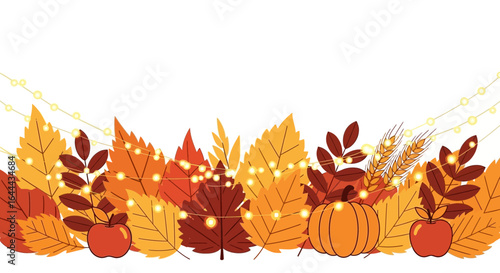 Thanksgiving Day Holiday Decoration With Autumn Leaves And Festive Lights