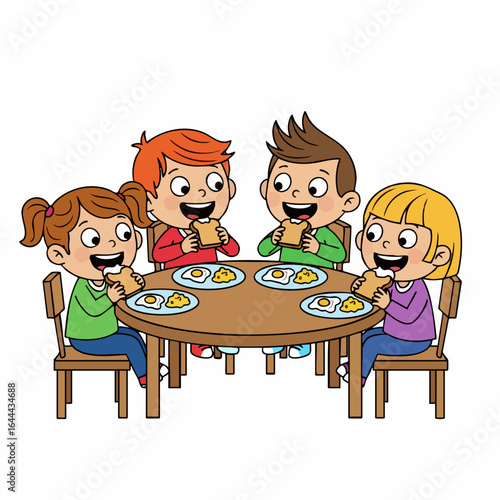 Cartoon Happy Kids Enjoying Breakfast Meal Together Illustration