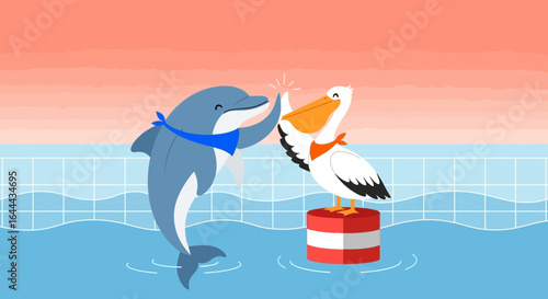 Playful Partnership: Cartoon Dolphin and Pelican Sharing a High Five in the Water